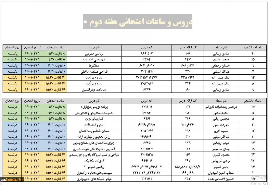 برنامه امتحانات هفته دوم دانشگاه دارالفنون از تاریخ 1400/03/29 الی 1400/04/03 2