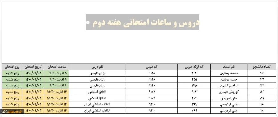 برنامه امتحانات هفته دوم دانشگاه دارالفنون از تاریخ 1400/03/29 الی 1400/04/03 4
