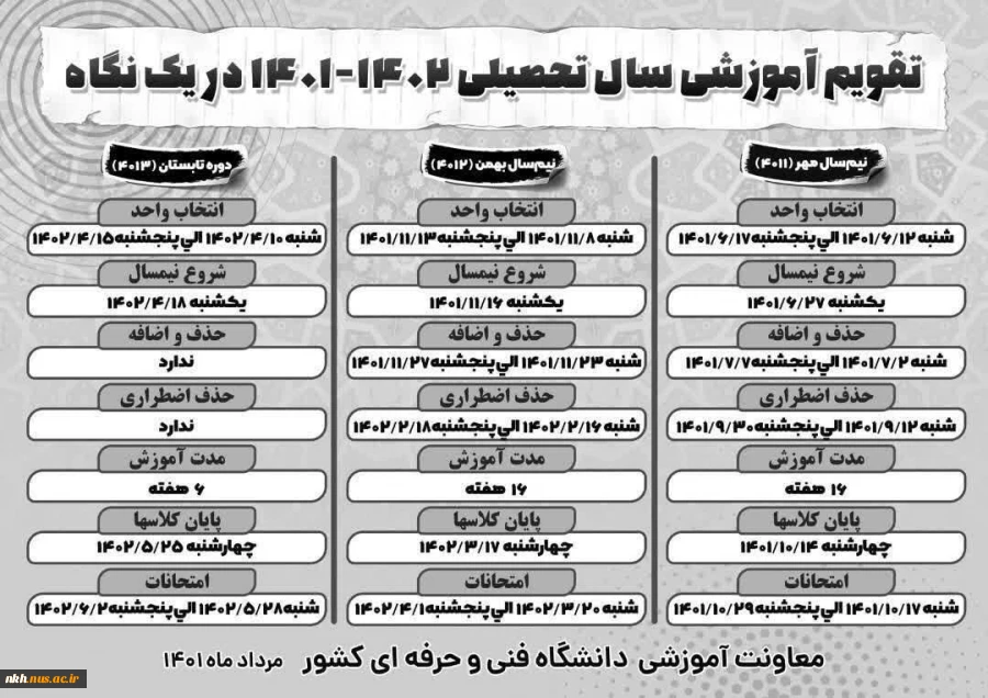 تقویم آموزشی سال تحصیلی 1402-1401 دانشگاه فنی و حرفه ای 2