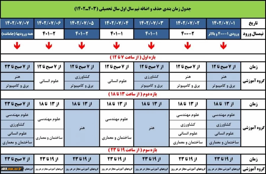 جدول زمانبندی حذف و اضافه نیمسال اول 1403-1402 2